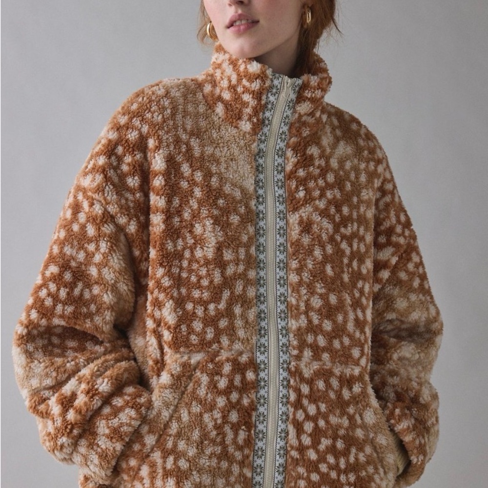 BDG Mae Printed Piled Fleece Zip-Up Jacket Fawn Print
